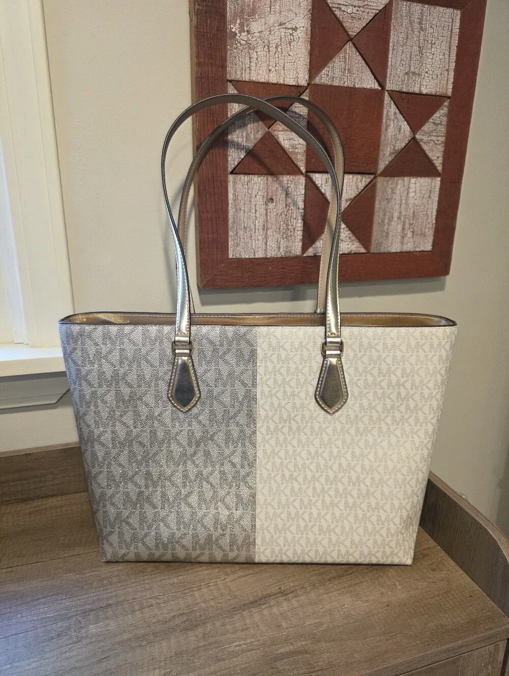 Michael Kors Metallic Silver and Light Gray Signature Tote